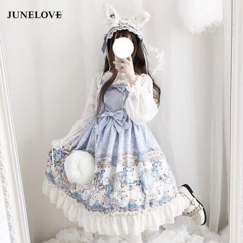 JuneLove Sweet Lolita Dress Vintage Printing Merry-go-round JSK Cute Dress Lolita Bowknot Lace Kawaii Girl Sweet Dress Vestidos