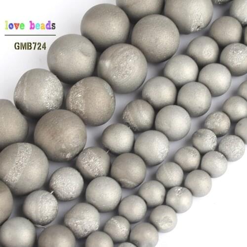 Silver Color Drusy Clusters Crude Metallic Coated Agat Round Loose Beads for Jewelry Making DIY Bracelets 15'' 6mm 8mm 10mm