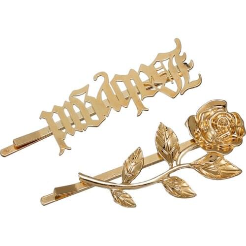 Fashion Gold Word Pins Geometric Letter Metal Barrettes Rose Flower Hair Clip Cute Hairpin Headwear Women Hair Accessory