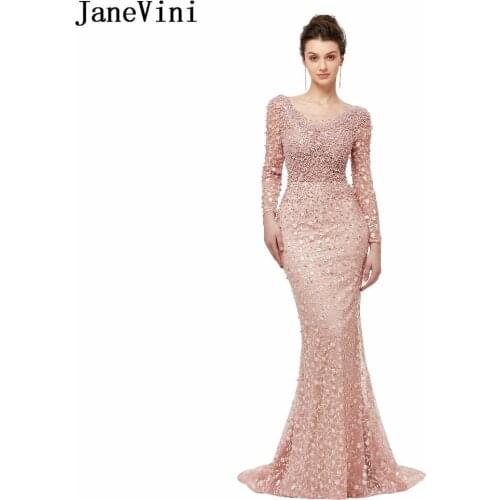 JaneVini Elegant Mermaid Long Sleeve Bridesmaid Dresses Scoop Neck Backless Luxury Crystal Pearls Sweep Train Tulle Formal Gowns