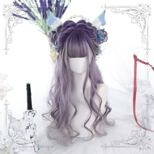 Gradual Purple Harajuku Lolita Wig Fairy Long Curly Girls Lavender Synthetic Hair Cute Bangs Kawaii Girls Princess Daily Wear