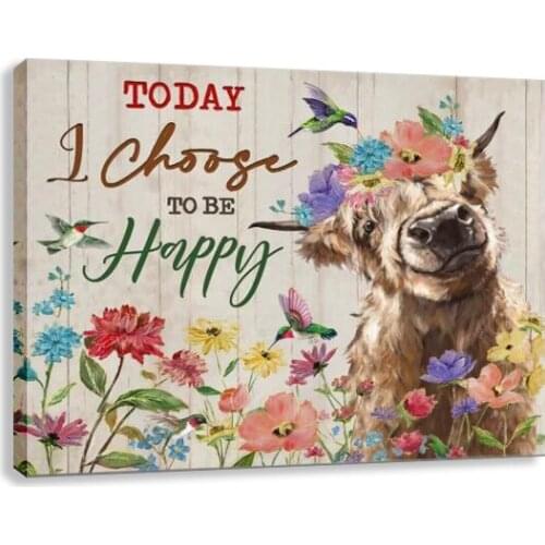 Today I Choose Happy Inspiration Motivation Canvas Animal Cattle Colorful Flowers Painting Wall Art Bedroom Decor Nursery Room