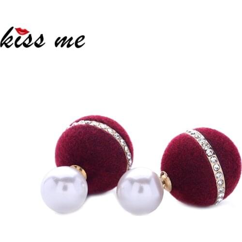 KISS ME 5 Colors Pom Pom Earrings Simulated Pearls Rounds Double Sides Round Stud Earrings Fashion Jewelry
