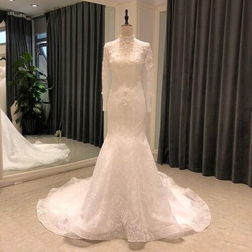 SL-6833 real picture high neck mermaid wedding dress 2021 lace beading long sleeve bridal gowns tulle off white wedding gowns