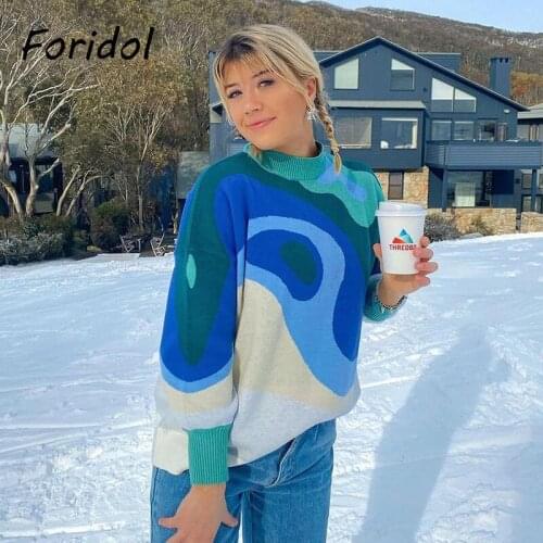 Foridol Geometric Print Blue Oversized Sweater Women Knitted Streetwear Harajuku Casual Jumper Pull Femme Autumn Winter Sweater