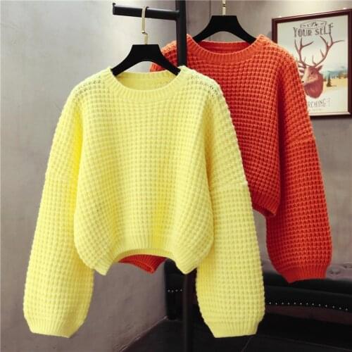 2020 Women Pull Sweaters New Yellow Sweater Jumpers Candy Color Harajuku Chic Short Sweater Thick Women Clothing