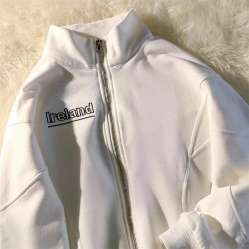 Vintage Ireland Embroidery Loose Hoodie Female Zip Up Long Sleeve Women Sweatshirt Y2K Aesthetic Autumn Winter Grunge Streetwear