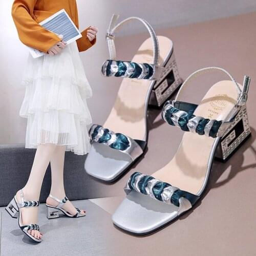2020 summer new trendy womens shoes square toe thick heel high heels female color matching buckle open toe sandals female