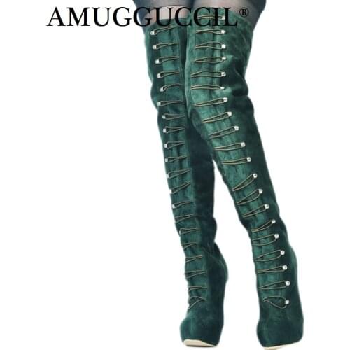 Customize Plus Big Size 34-52 Army-Green Platform Over The Knee Thigh High Heel Autumn Winter FemaleLady Womens Boots X1693