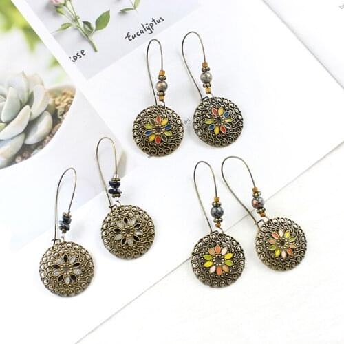 Bohemian Sun Flower Pendant Earrings Color Openwork Retro Totem Natural Stone Beads Earrings Women Vacation Jewelry