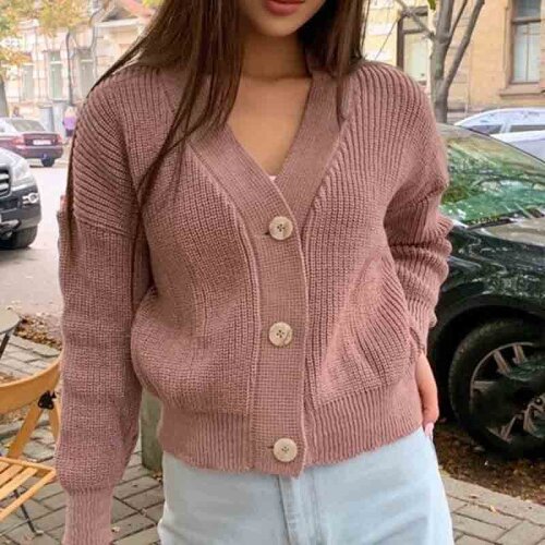 Knitted Women Cardigan Sweater V-neck Solid Female Cardigans Knitwear Drop Shoulder Long Sleeve Loose Autumn Fashion 2021 Casual