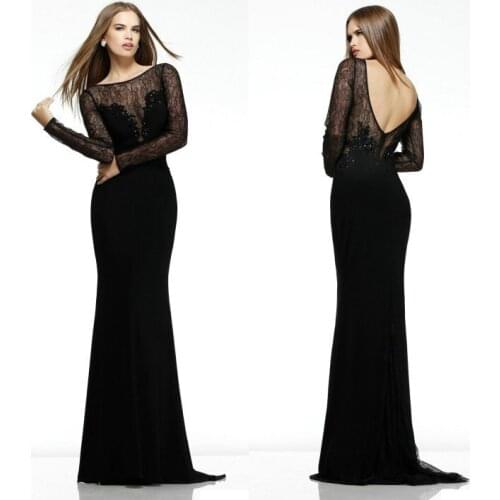 2018 Sexy V Style Open Back Long Sleeve Prom gowns Beaded Black Sheer Sleeves Lace Evening gown mother of the bride dresses