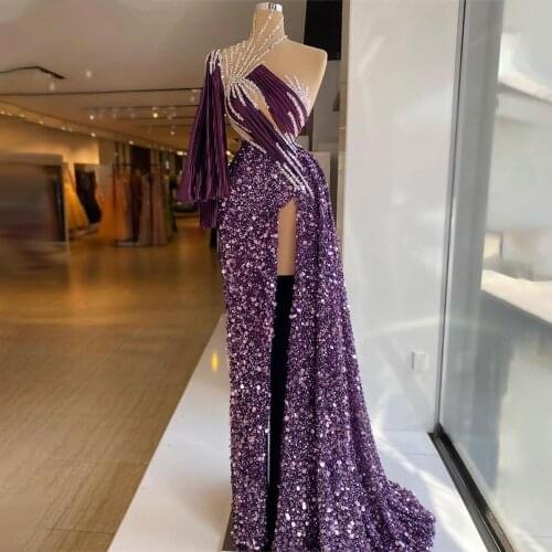 Purple Mermaid High Split Evening Dresses Gowns 2021 Beaded One Shoulder Sexy Dress For Women Party Wear