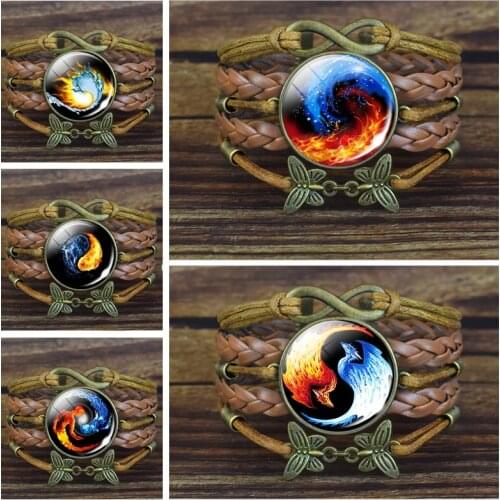 1pc Tai Chi Yin Yang Brown Leather Bracelet Fire and Water Phoenix Pattern Glass Cabochon Jewelry Bronze Woven Leather Bracelet