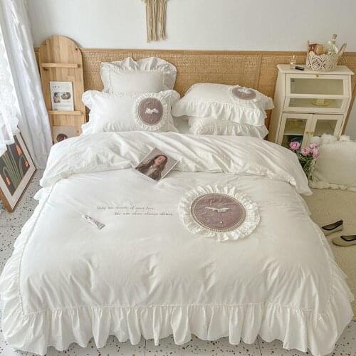 100%Washed Cotton Soft King Queen 4Pcs Off White Girls Bedding Sets Ruffle Ballet Girl Duvet Cover 1Bed sheet 2 Pillow shams