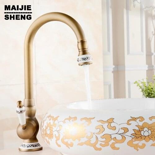 2016 Free shipping ceramic Antique Brass faucet bathroom sink faucet blue and white porcelain vintage faucet mixer sink tap