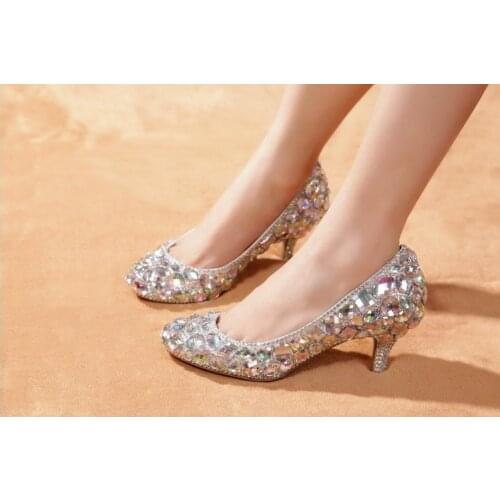 2018 High Heels For Prom Rhinestone Wedding Shoes Wedding Sparkly Glitter Bridal Shoes Middle heel woman dress shoes women