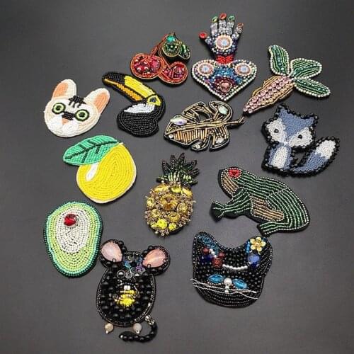 Handmade Rhinestone Beaded Patche Cat Fox Sew on Crystal Pearl Patch for Clothes Beaded Hat Applique Cute Avocado Fruit Patch