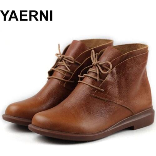 YAERNI Women Boots Genuine Leather Woman Ankle Boots Flat Round toe Lace up Ladies Shoes Female Sping/Autumn Footwear