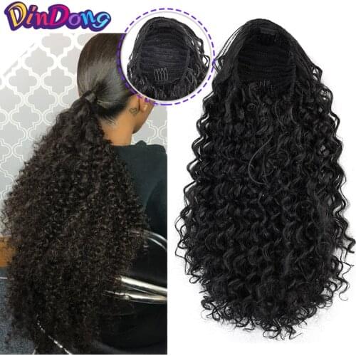 DinDong 12'' Synthetic clip In Warp Ponytail Hair Extension Short Afro Kinky Drawstring Ponytail African American Bun