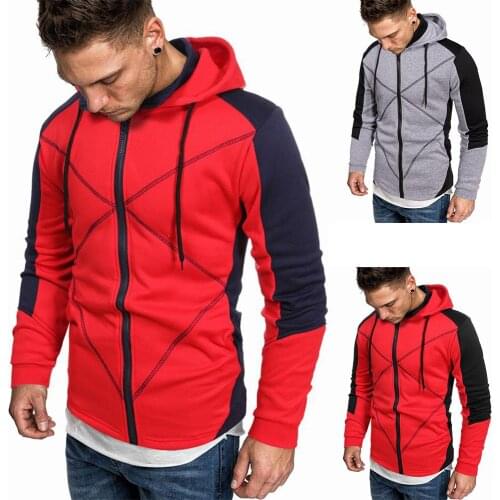 Mens Hooded Sweatshirt Long Sleeve Plaid Patchwork Cardigan Hoodies Casual Sports Zipper Drawstring Tops