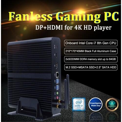 Eglobal Fanless Mini pc i7 8550U 7560U 7260U gaming pc 2DDR4 Msata M.2 SSD Micro PC Win10 Pro Barebone HTPC Nuc VGA HD