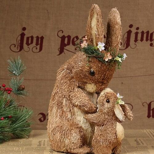Creative Mother and Child Rabbit Decoration with Flower Cute Straw Bunny Home Decorative MIni Ornaments