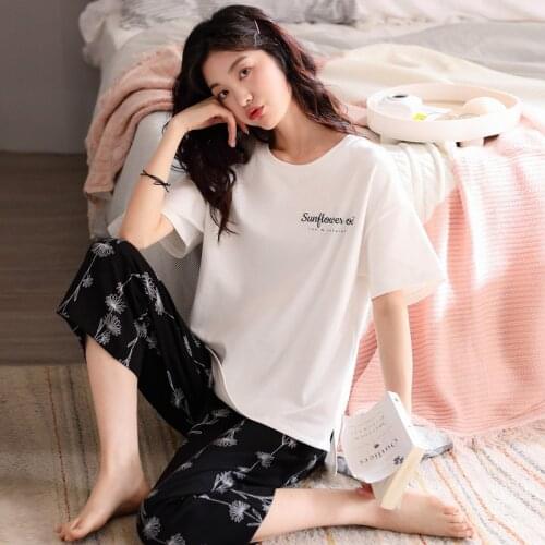 Cartoon Cute Students Pajamas Set Full Cotton Pyjamas Women Summer Short Sleeve Sleepwear Large Size Home Suit Pijama Mujer