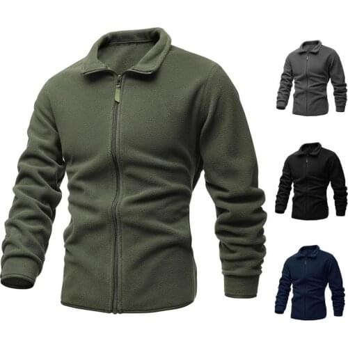 Men Jacket Solid Color Double-Faced Fleece Autumn Winter Zipper Lapel Long Sleeve Coat Streetwear