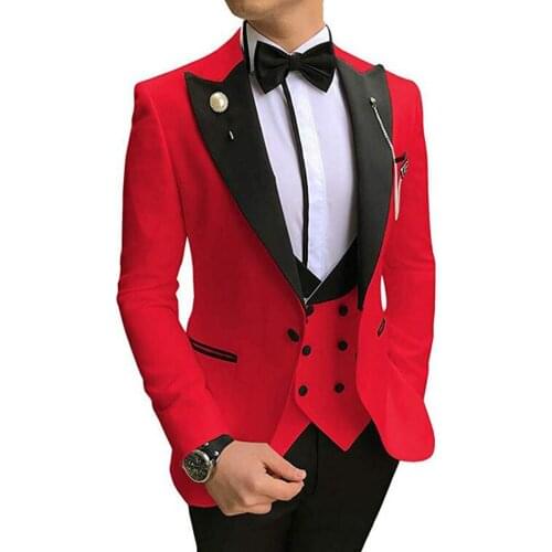 Mens stitching color 3-piece suit jacket custom fashion groom wedding dress tuxedo lapel suit jacket vest pants
