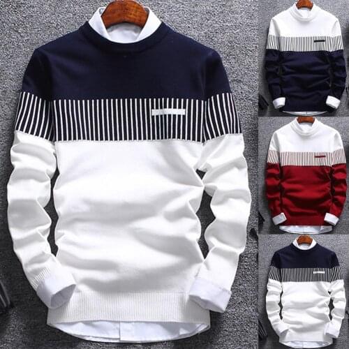 New Autumn Mens Long Sleeve O-Neck Sweater Fashion Korean Splicing Contrast Pullover Top