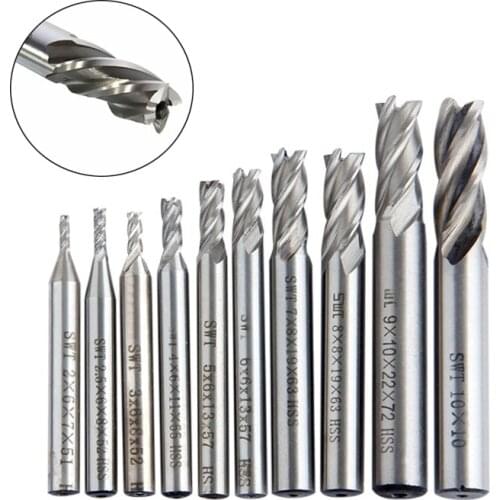 10PCS HSS 1.5 2 2.5 3 3.5 4 5 5.5 6 7 8 9 10 12mm Milling Cutter Bit Set CNC Straight Shank 4 Flute Mill Metal Cutter CNC Tools