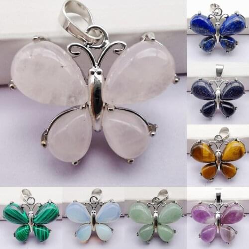 Natural Aventurine/Crystal/Carnelian/Sandstone/Opal/Malachite Stone GEM Pendant Butterfly Animal Jewelry 1PCS S240-S249