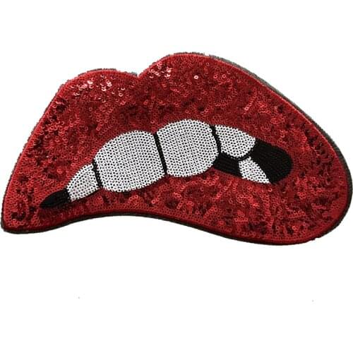 WUYUCONG New Red Sequins Lips Patches Sew on Iron on Lips Sequined Appliques Mouth Embroidery Patch Sewing DIY Decoration