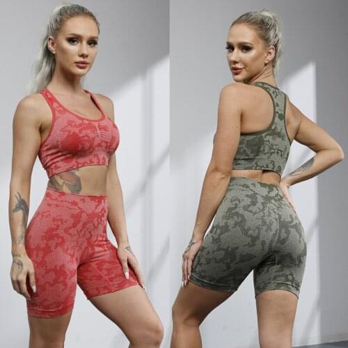 New Seamless Camo Yoga Set Womens Suit Fitness Workout Gym Clothing Breathable Soft Shorts+Padded Push Up Sport Bra Sportswear