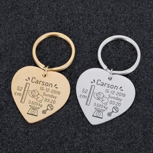 MumuXing Personalized Heart-Shaped Keychain Engraving Baby Birth Data Stainless Steel Keychain For Car Keys Gift For Mom