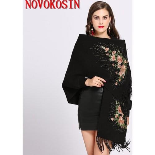 SC198 2018 High Quality Female Oversize Tassel Knitted Scarf Winter Bat Sleeves Embroidered Poncho Women Coat Vintage Shawl