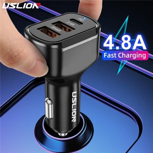 USLION 3 USB PD Car Charger For Phone Mobile Phone Charger For iPhone Xiaomi Fast USB Portable Charger Car Mobile Phone Adapter