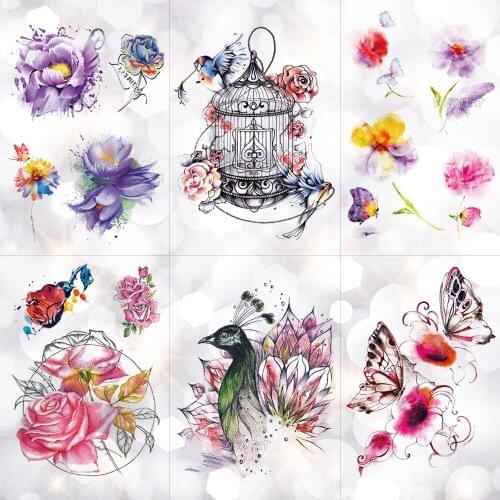 Bird Cage Peacock Flowers Waterproof Temporary Tattoo Sticker Body Art Arm Watercolor Drawing Tattoo Butterfly Rose Fake Tattoo