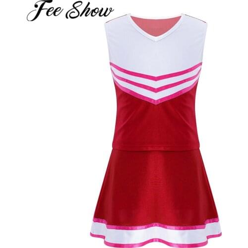 Kids Girls Child Cheerleading Costume Hip Hop Jazz Dancing Clothes Set Sports Crop Top Skirt School Dance Cheerleader Uniform