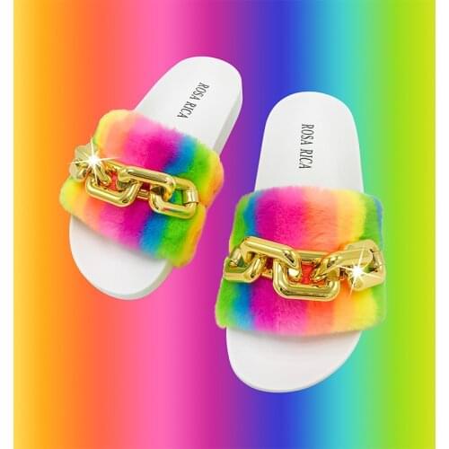 Summer New Style Casual Fashion Rainbow Faux Fur Slides Women Slip On Indoor Furry Sandals Female Chain Flat Slippers Beach Shoe