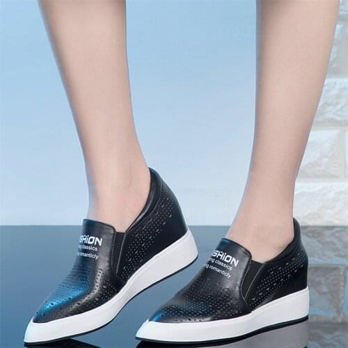 Increased Internal Loafers Women Breathable Genuine Leather Platform Pumps Shoe Female Pointed Toe Fashion Sneakers Casual Shoes