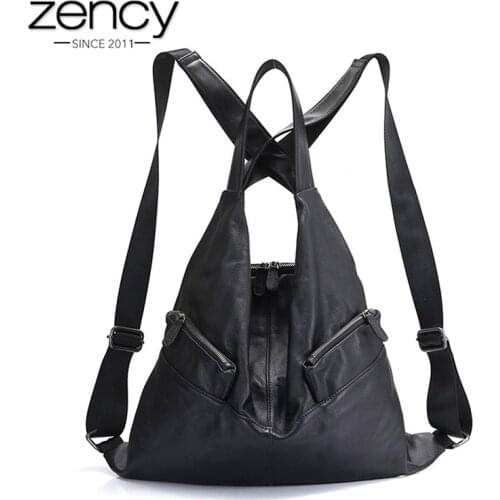 Zency Unique Style Women Backpack 100% Cowhide Genuine Leather Fashion Travel Bag Black Lady Knapsack Girls Schoolbag Notebook