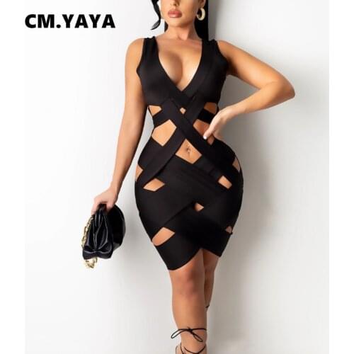 CM.YAYA Hollow Out Bodycon Midi Mini Dress for Women Sleevelesss Bandage V-neck Sleevelesss Irregular Dresses