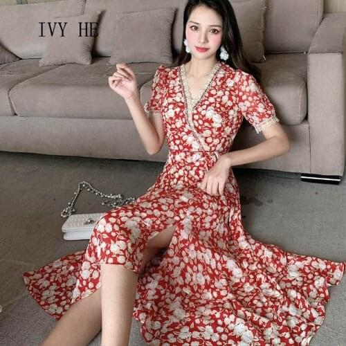 IVY HE 2021 Summer Womens Fashion V-Neck Office Lady Chiffon High Waist A-Line Dresse Short Sleeve Flowers With Exquisite Beads