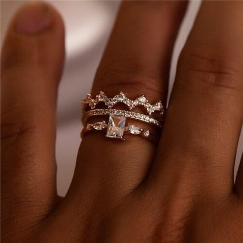 Vintage Female White Zircon Stone Ring Charm Rose Gold Color Engagement Ring Cute Square Crystal Crown Wedding Rings For Women