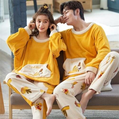 Winter Flannel Pajama Set Women Men Fleece Sleepwear Couple Pijama Lovers Long Pants Homewear O Neck Sleep Clothes Party Costume