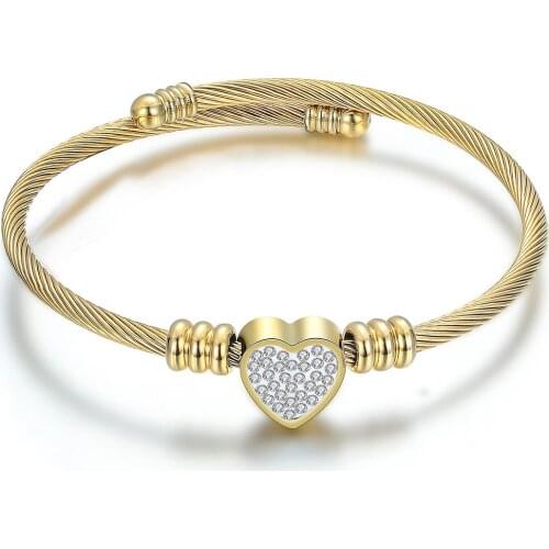 10pcs/Lot Fashion Jewelry Heart Shaped Bangle Stainless Steel Twisted Cable Wire Crystal Charm Bracelet For Women Gift Wholesale