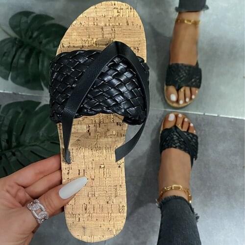 2021 Summer New Style Large Size Fashion Casual Woven Womens Herringbone Flat Slippers