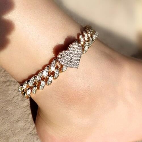 Crystal Heart-Shaped Chunky Chain Anklet For Women Men Punk Rock Miami Cuban Link Chain Anklets Bracelet Wholesale Foot Jewelry